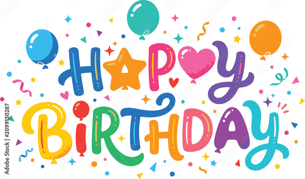 Fototapeta premium Bright cute happy birthday typography text illustration with colorful party balloons and confetti vector design