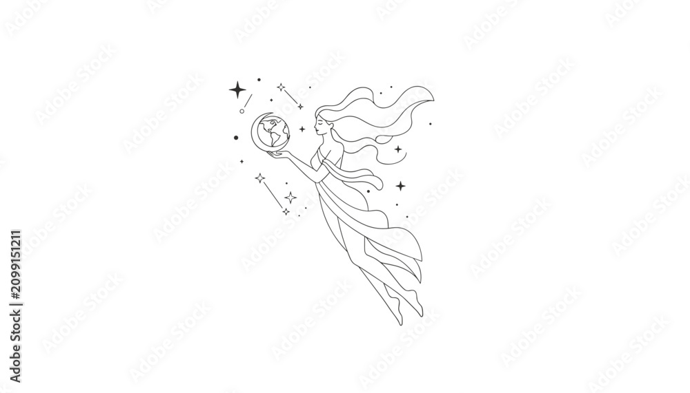 Obraz premium Elegant line art illustration of a celestial fairy with flowing hair flying in the starry sky while holding planet Earth.