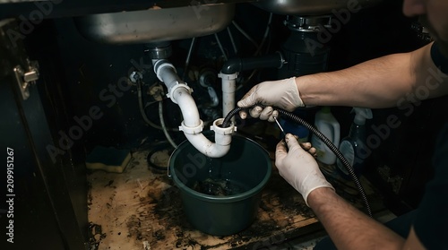 Plumber using a drain snake to clear a clogged kitchen sink pipe