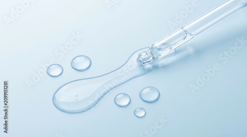 Clear liquid drops falling from a glass pipette onto a blue surface