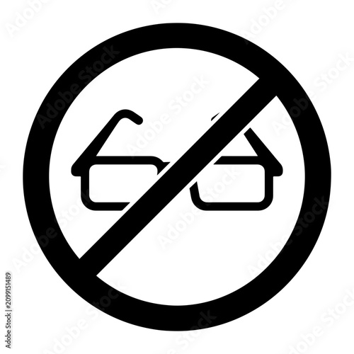 Vector icon depicting a prohibition on wearing eyeglasses or spectacles, suitable for rules, regulations, safety warnings, or restricted areas.