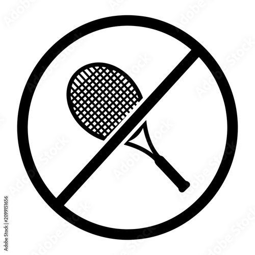 Vector icon depicting a 'no tennis' prohibition sign. Ideal for sports facilities, public parks, rules and regulations, or restricted area signage. Simple, clear, and easy to understand graphic.