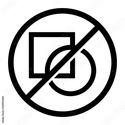 Clean, minimalist vector icon depicting a prohibition against mixing or combining geometric shapes (square and circle). Ideal for warnings, instructions, graphic design, user interfaces, or safety gui