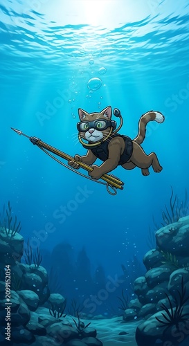 Underwater Scene Featuring Cat Character with Spear Gun.