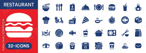 Restaurant pictogram style fill icon set: food, meal delivery, cooking, fast food symbols, meal tray vector icon collection