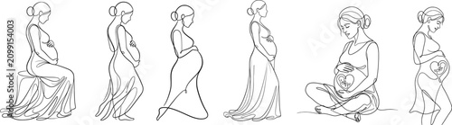 Pregnant Woman Continuous One Line Drawing Collection Maternity Motherhood Vector Illustration Set
