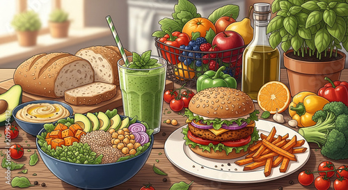 Healthy Vegan & Vegetarian Feast: Plant-Based Burger, Buddha Bowl, Green Smoothie, Fresh Produce on Kitchen Table