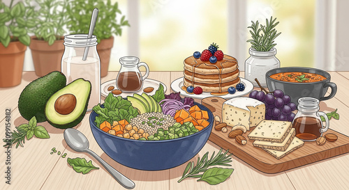Delicious and nutritious healthy food spread illustration: colorful Buddha bowl, fluffy pancakes with berries, fresh avocado, cheese, and soup for brunch or dinner.