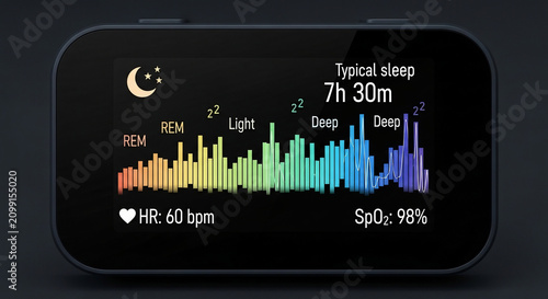 Advanced sleep tracking data on a digital screen, displaying REM, Light, and Deep sleep stages, heart rate (HR), and blood oxygen (SpO2) levels for wellness.
