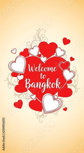 Welcome to Bangkok Sign with Heart Decorations and Warm Background.