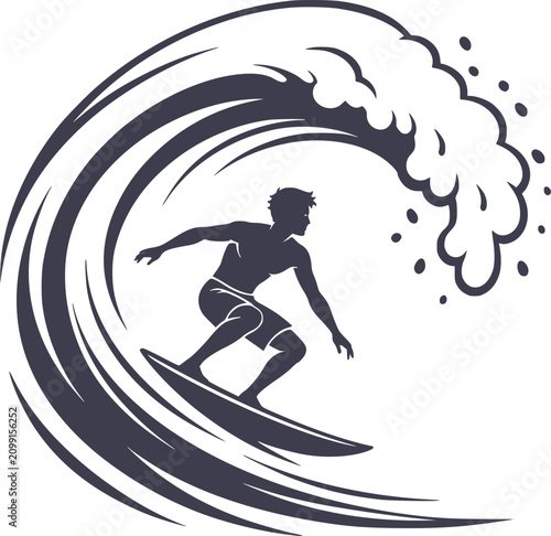 Surfer Riding Wave Silhouette Dark Blue Vector Illustration On White Background