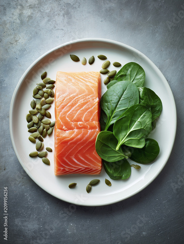 Salmon fillet with spinach and pumpkin seeds forming healthy meal