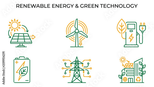 Renewable energy and green technology line icon set with renewable technology sustainable electric environment efficiency