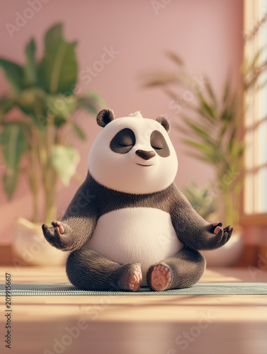 Panda meditating on yoga mat inside room with plants