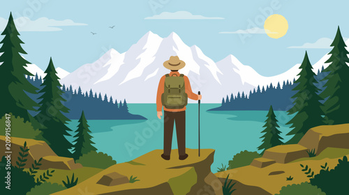 Canvastavla Hiker with backpack admiring a stunning mountain and lake landscape view