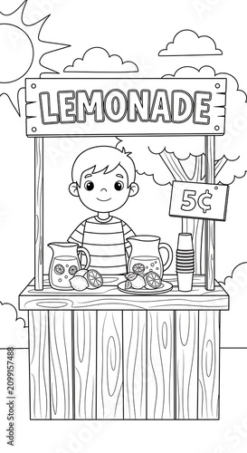 Child Selling Lemonade at Outdoor Stand Illustration.