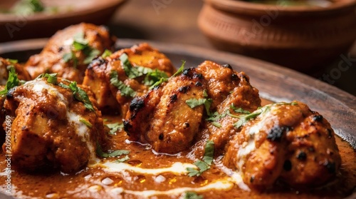 Delicious Butter Chicken or Chicken Tikka Masala with Cream and Cilantro on Rustic Wooden Plate, Traditional Indian Cuisine