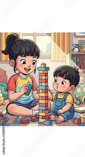 Young Girl and Boy Playing with Building Blocks Indoors.