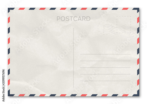 Blank retro postcard template with stamps and address lines. Retro postcard design with stylish decorative frames and space for text. Postcard layout with crumpled paper texture. Vector