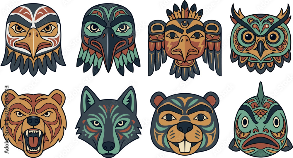 Obraz premium Indigenous Pacific Northwest Style Totem Animal Face Icon Set with Eagle Raven Thunderbird Owl Bear Wolf Beaver and Salmon Tribal Vector Designs