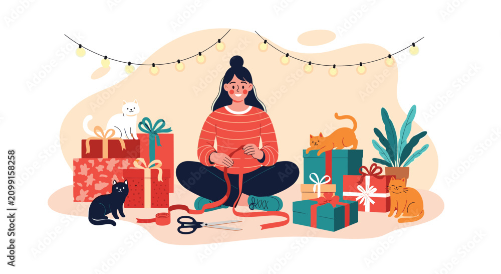 Naklejka premium Happy young woman sits on the floor wrapping colorful Christmas presents while surrounded by her adorable pet cats.