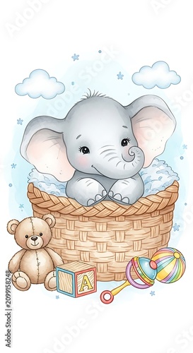 Adorable Baby Elephant Sitting in Wicker Basket with Toys and Clouds.