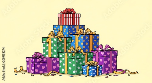 Colorful Gift Boxes Piled Up for Celebration.