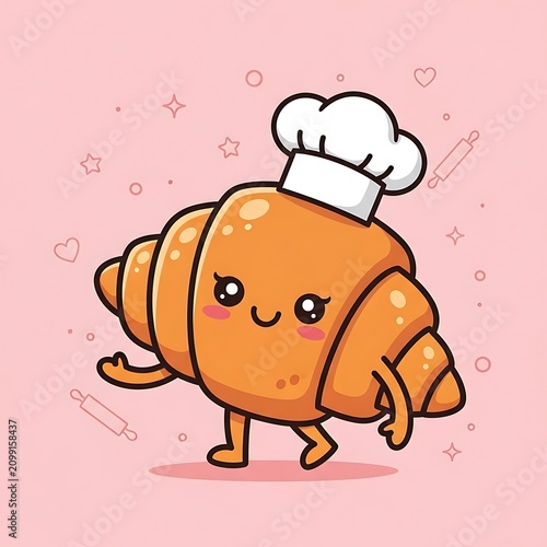 Cute Croissant Character Wearing Chef Hat Illustration.