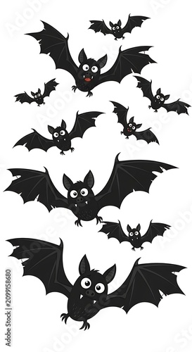 Collection of Cute Cartoon Bats Silhouettes for Halloween and Night Themes.