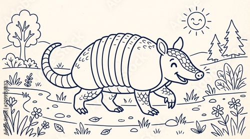 Happy Armadillo Outline Illustration – Cute Cartoon Animal Line Art for Kids Coloring