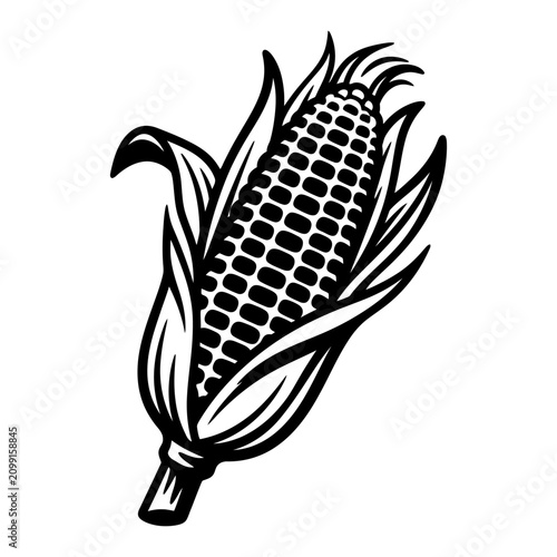 Black and White Corn Cob Illustration in Minimalist Graphic Style