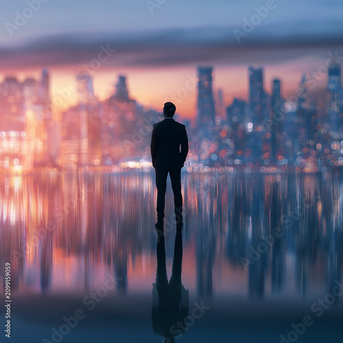 Business leader standing in front of glowing city skyline, vision and strategic planning concept, corporate future success theme.