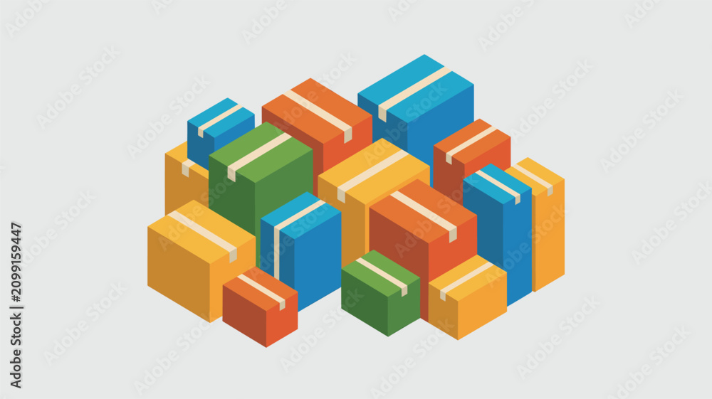 Fototapeta premium Isometric arrangement of colorful cardboard boxes stacked in a pile for delivery and logistics warehouse storage services.