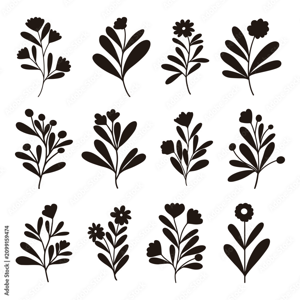 Obraz premium Botanical wildflower silhouette collection for crafts and creative design projects