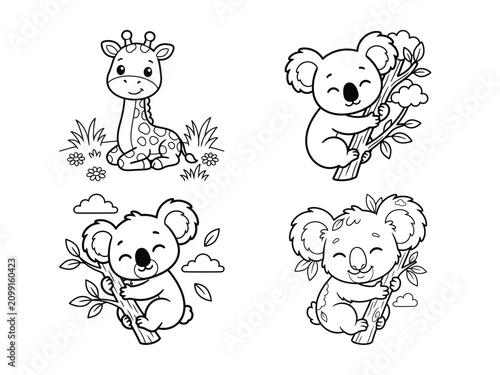 Canvas Print Cute giraffe and koala collection black and white line art for children's design