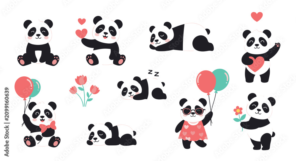 Fototapeta premium Set of adorable panda characters in various poses including sleeping, holding hearts, playing with balloons, and wearing sunglasses.