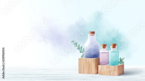Clean wellness still life with glass bottles of pastel liquid on wooden blocks, evoking natural skincare, aromatherapy, and modern spa branding.