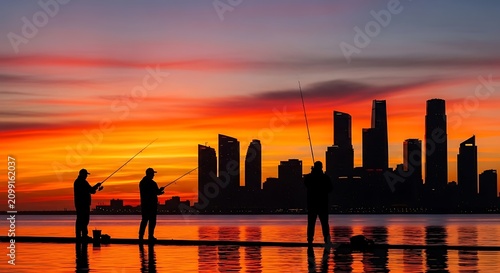 Silhouetted People Watching City Skyline Sunset Scene.