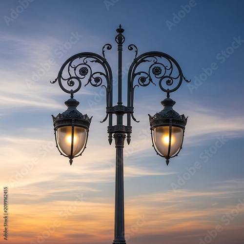 Elegant Vintage Street Lamp Against Sunset Sky.