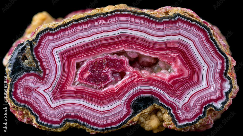 Obraz premium Rhodochrosite stalactite cross-section polished slab showing concentric banding pattern, manganese carbonate mineral, Argentine specimen, gemstone formation documentation, mineral growth ring refere