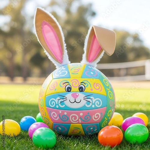 Colorful Easter Egg Bunny Decoration with Surrounding Eggs.