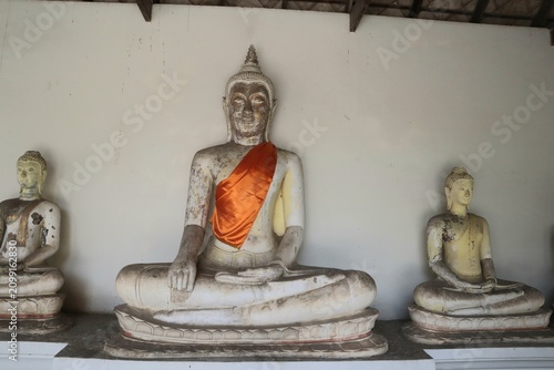 Obraz na plátně Buddha Statues in Meditation: A serene row of ancient Buddha statues, weathered by time, sit in meditation, their calm presence offering a sense of peace and spiritual reflection