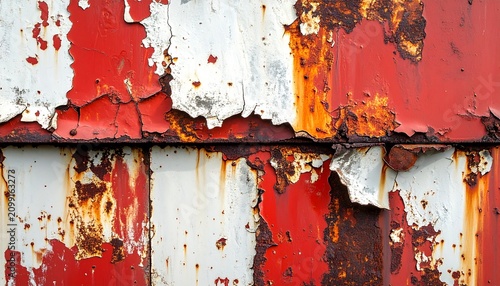Abstract rusty metal surface with oxidized iron and peeling red paint texture