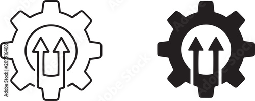 Industrial gear icons with upward arrows, mechanical cogwheel progress symbols, black and white vector set for business growth and system optimization