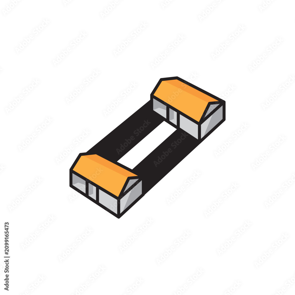 Obraz premium Modern geometric vector logo featuring the letter O combined with warehouse or house buildings in an isometric style. Clean minimalist design suitable for logistics, storage, real estate, construction