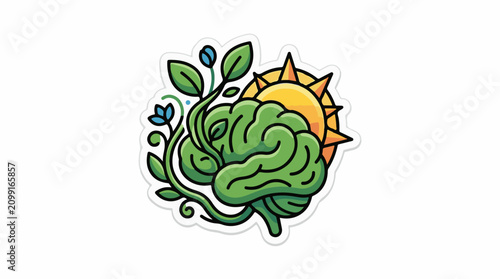 A sticker illustration of a green brain with a plant growing out of it and a sun behind