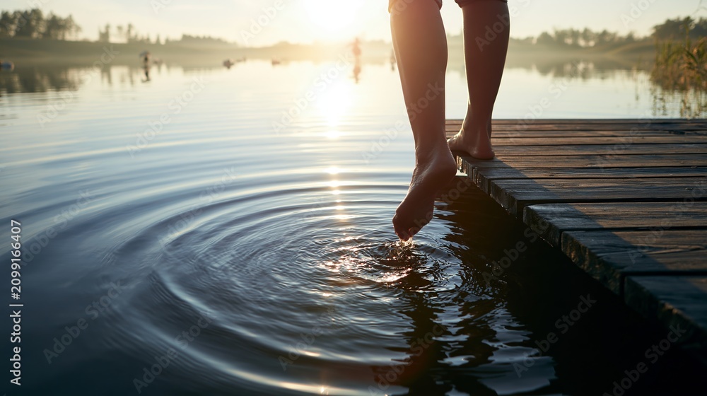 Fototapeta premium Person's bare feet gently touching the serene lake water, sending ripples across the surface from a dock during sunset, enjoying peaceful nature
