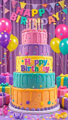 Colorful multi-tier happy birthday cake with candles and balloons in a festive room with gift boxes