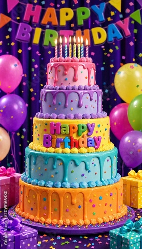Colorful five tier birthday cake with candles and balloons