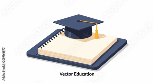 A graduation cap sits atop a spiral-bound notebook on a tablet